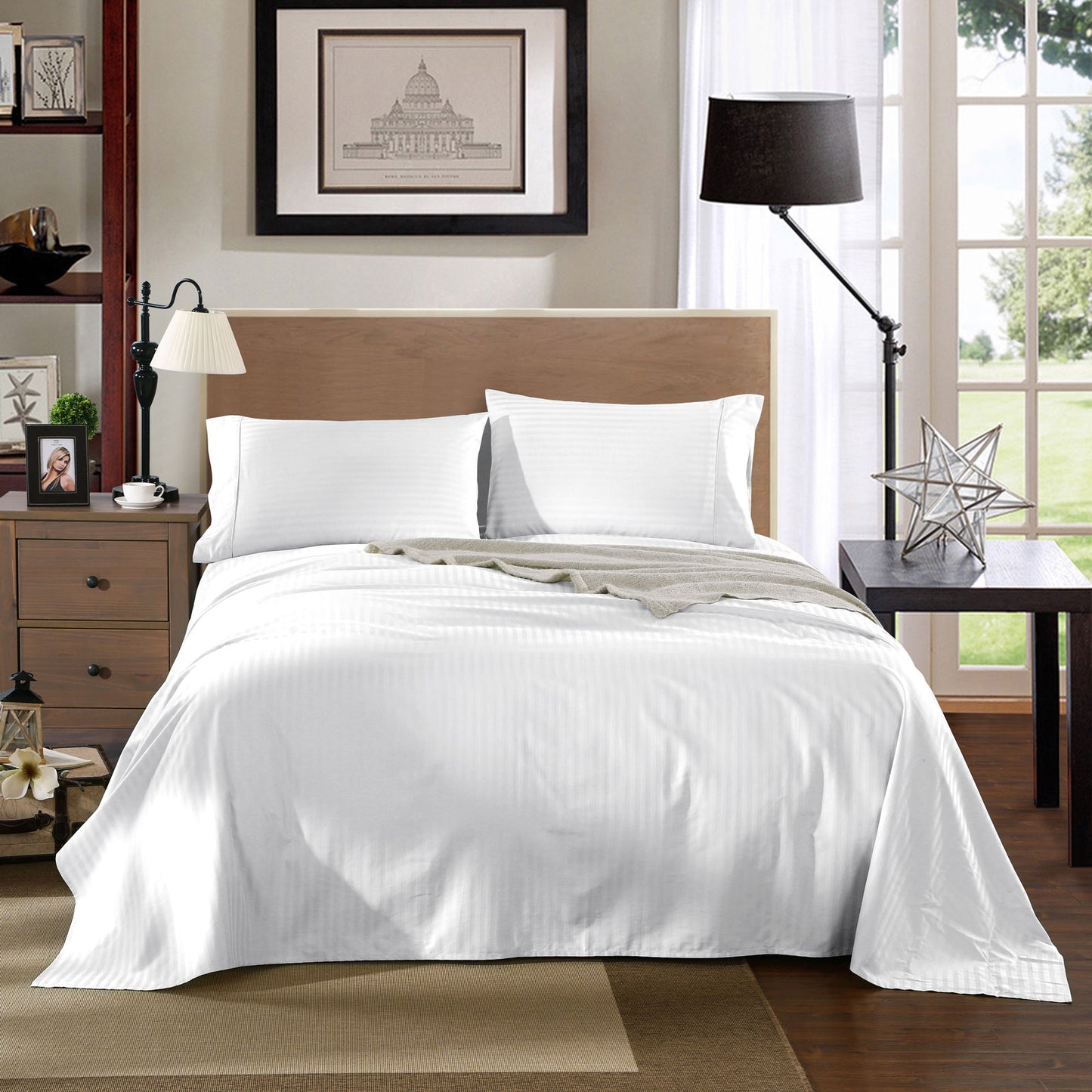 1200 Thread Count 100% Egyptian Cotton Sheet Set Stripe Hotel Grade King White