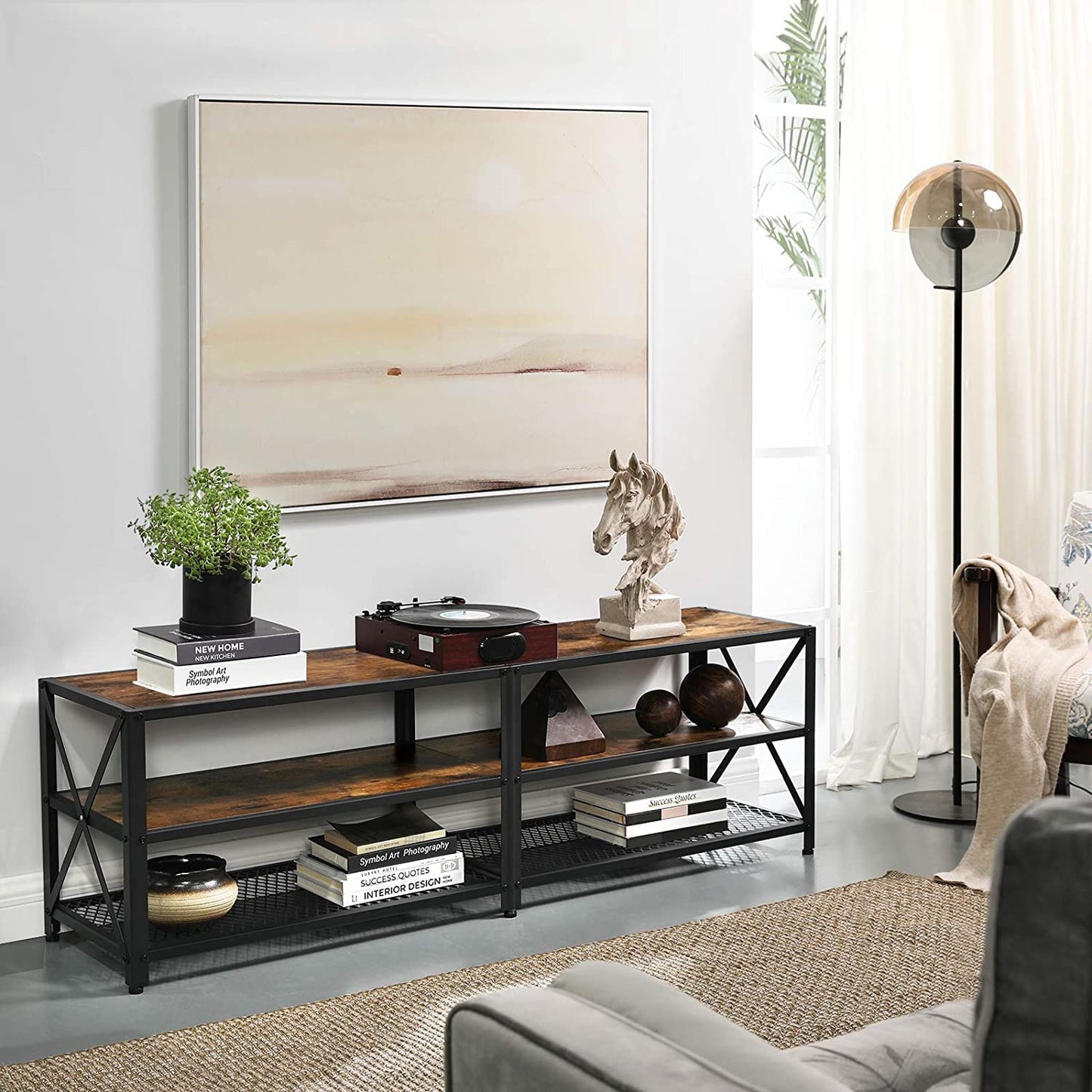 Tv Stand For Tv Steel Frame Up To 178 Cm With Shelves For Living Room And Bedroom Furniture Rustic Brown And Black