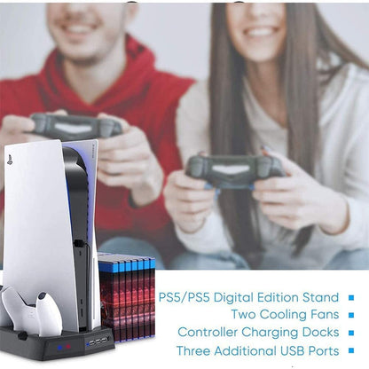 Vertical Stand Cooling/Charging Station For Ps5 With Dual Controller Charger And Bonus Game Rack Storage 3 Usb Ports