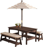 Outdoor Table & Bench Set With Cushions & Umbrella (Brown
