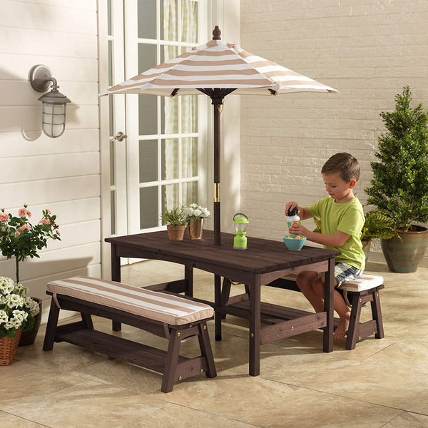 Outdoor Table & Bench Set With Cushions & Umbrella (Brown