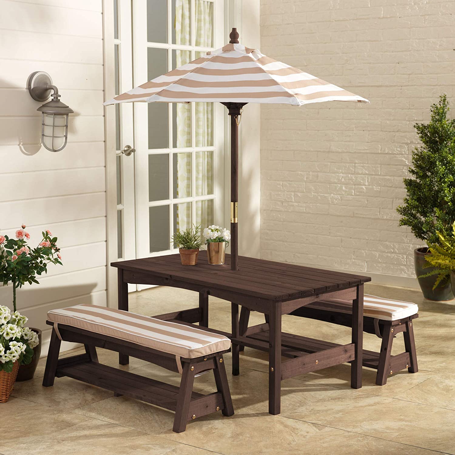 Outdoor Table & Bench Set With Cushions & Umbrella (Brown