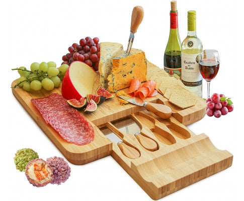  Bamboo Cheese Board Set with Cutlery in Slide
