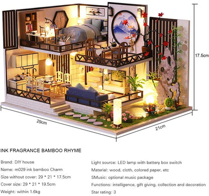 Dollhouse Miniature With Furniture Kit Plus Dust Proof And Music Movement - Bamboo Fragrance