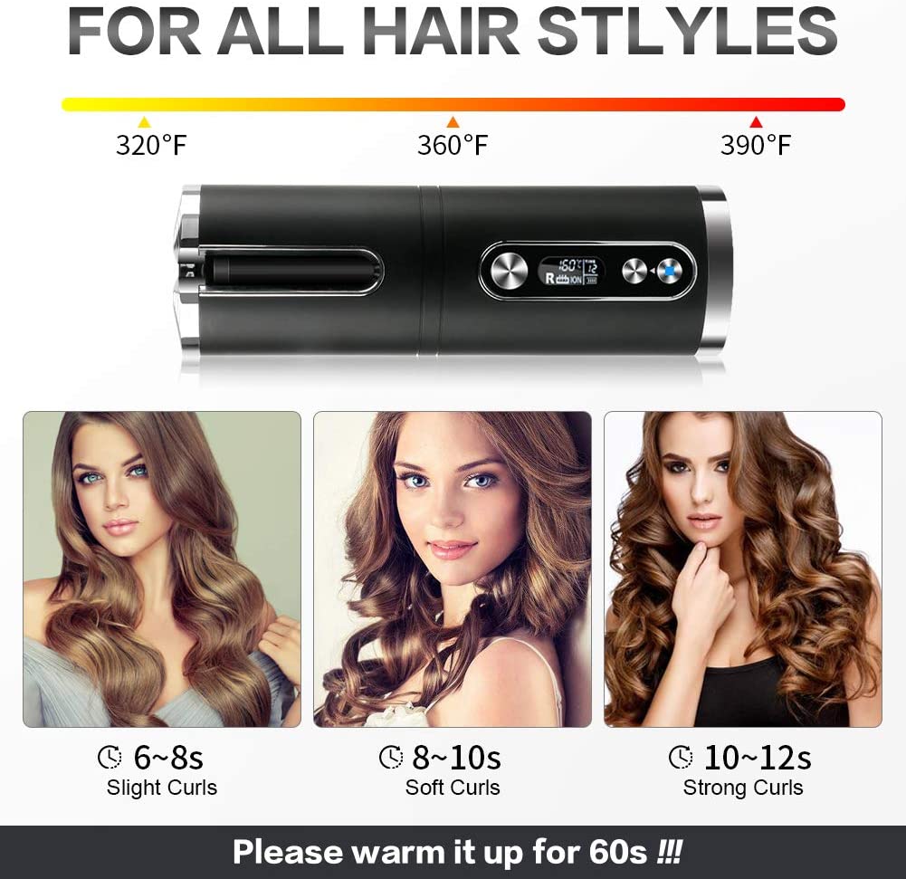 Portable Wireless Automatic Hair Curler For Travel With Led Temperature Display, Timer And Usb Rechargeable (Black) 