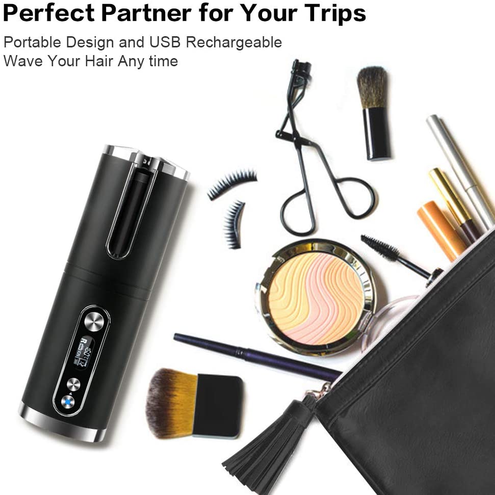 Portable Wireless Automatic Hair Curler For Travel With Led Temperature Display, Timer And Usb Rechargeable (Black) 
