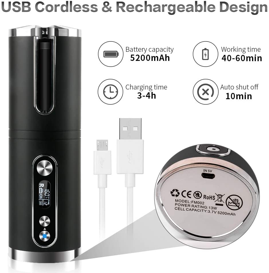 Portable Wireless Automatic Hair Curler For Travel With Led Temperature Display, Timer And Usb Rechargeable (Black) 