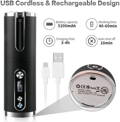 Portable Wireless Automatic Hair Curler For Travel With Led Temperature Display, Timer And Usb Rechargeable (Black) 