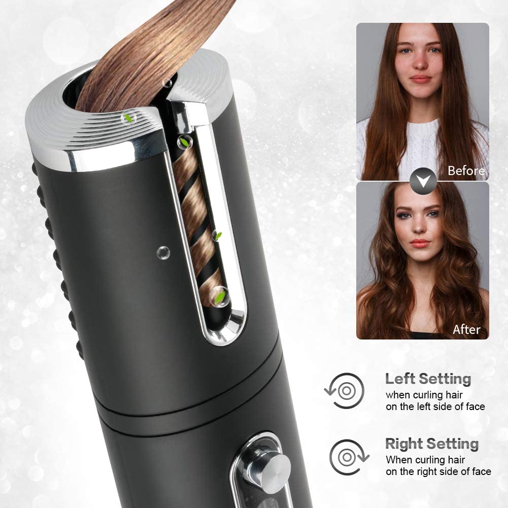 Portable Wireless Automatic Hair Curler For Travel With Led Temperature Display, Timer And Usb Rechargeable (Black) 