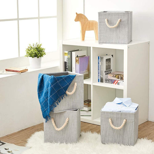 4x Foldable Fabric Storage Cube Bins And Water Resistant Basket Box Organizer For Shelves (Grey