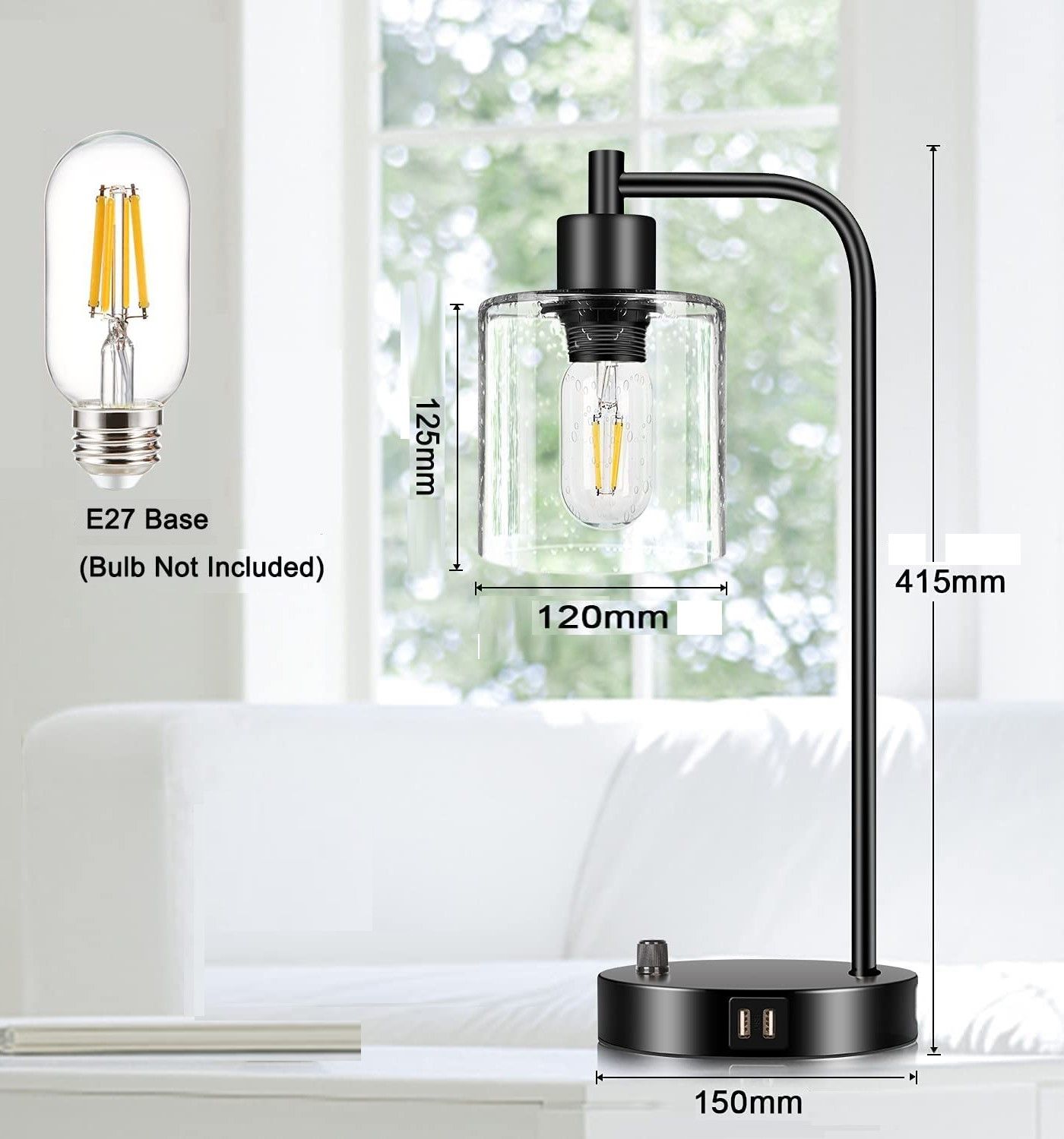 Industrial Table Lamp with 2 USB Port for Bedside Nightstand Desk