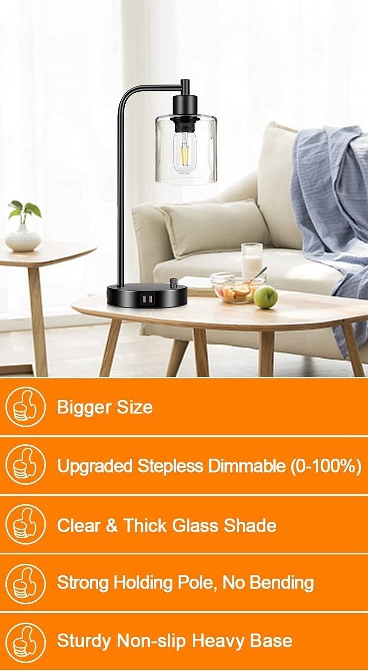 Industrial Table Lamp with 2 USB Port for Bedside Nightstand Desk
