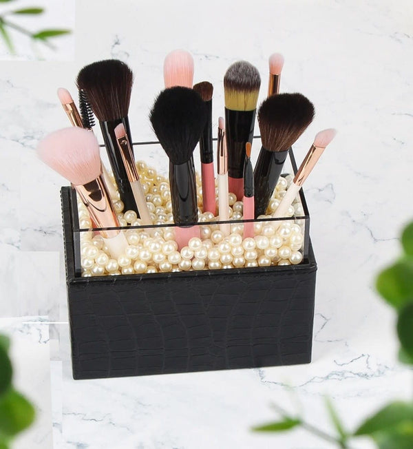  Leather Makeup Brush Cosmetic Organiser Storage Box with Pink Pearls and Acrylic Cover Black