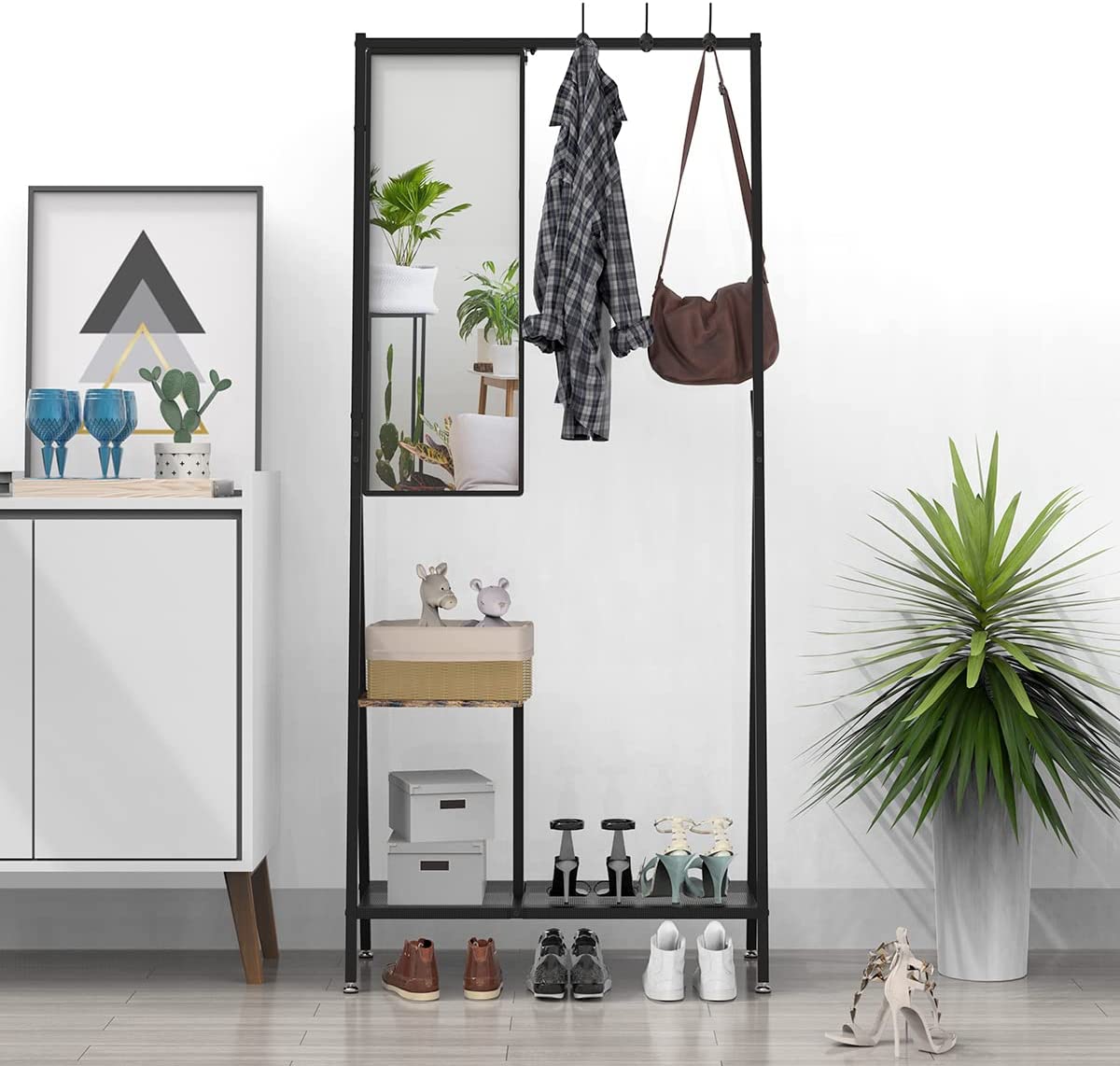 Multifunctional 5 In 1 Coat rack Entryway Hall Tree with Shoe Storage and Dressing Mirror