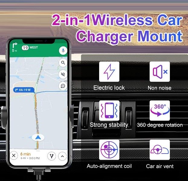 360 Wireless Car Charger Mount with Auto-Clamping 15w Fast Charging