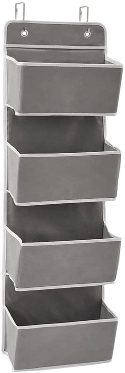 Over the Door Hanging Storage Organizer with 4 Pouch Pocket for Baby Nursery Grey