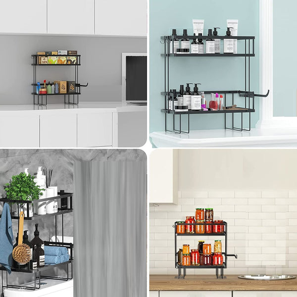  2 Tier Freestanding Bathroom Storage Organizer with Adhesive Base and Hooks for Bathroom