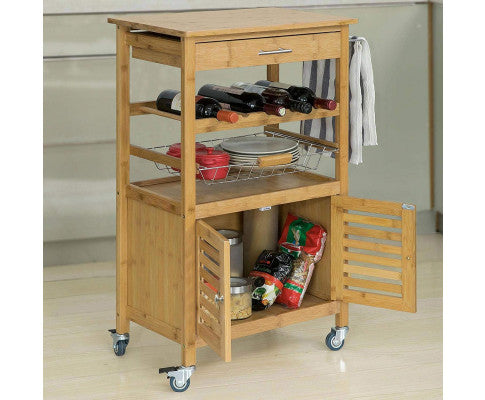  Bamboo Kitchen Storage Trolley with Wine Rack
