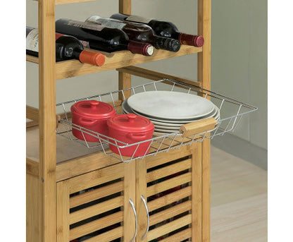 Bamboo Kitchen Storage Trolley with Wine Rack