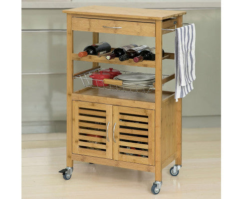 Bamboo Kitchen Storage Trolley with Wine Rack