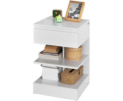 White Side Table Bedside Table with 1 Drawer and 3 Shelves
