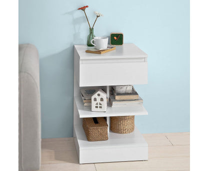 White Side Table Bedside Table with 1 Drawer and 3 Shelves