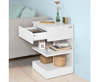 White Side Table Bedside Table with 1 Drawer and 3 Shelves
