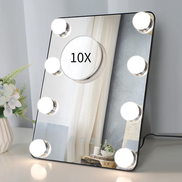  Vanity Mirror with Lights with 8 Dimmable Bulbs for Makeup and Travel Black, 30 x23 cm