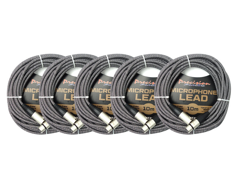 Precision Audio 5 Pack Xlr To Xlr Braided Studio Microphone Lead Low Noise Silver 10M