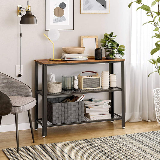 Industrial Console Table with 2 Mesh Shelves Rustic Brown and Black