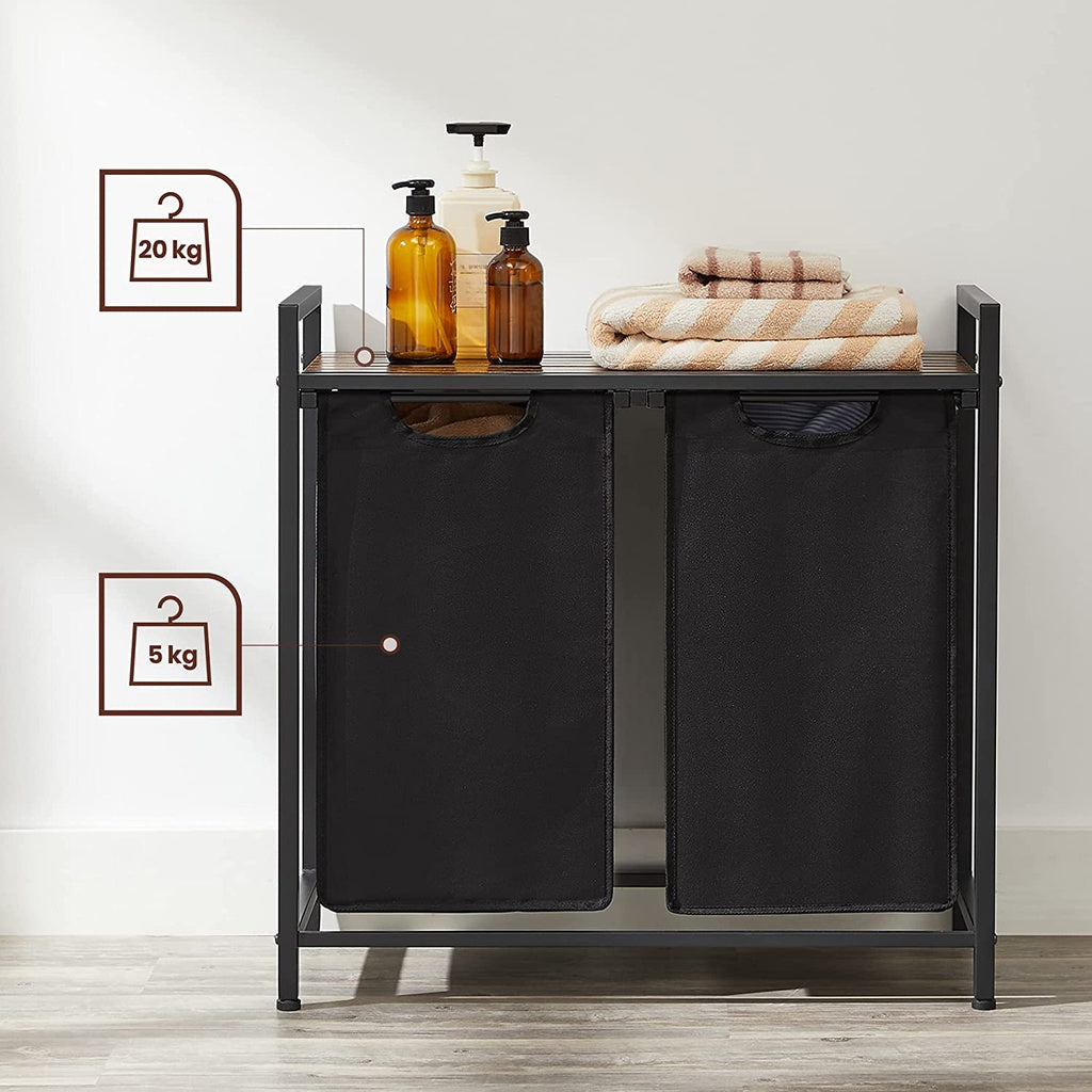 Laundry Basket with Shelf and Pull-Out Bags Rustic Brown and Black