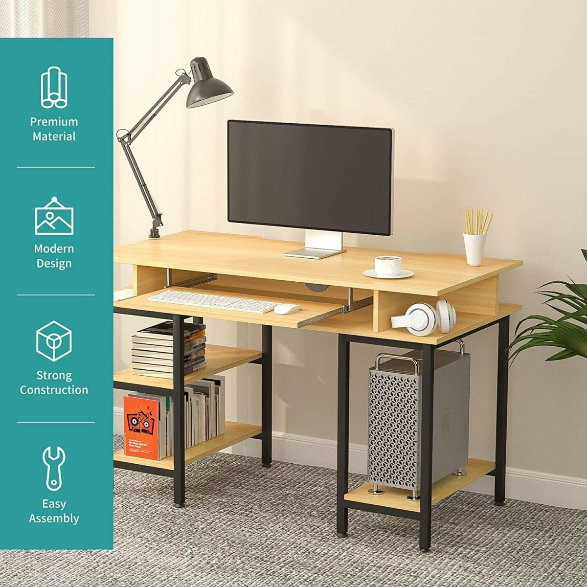 Book Storage Computer Table Desk Student Study Home Office Workstation With Bookshelf