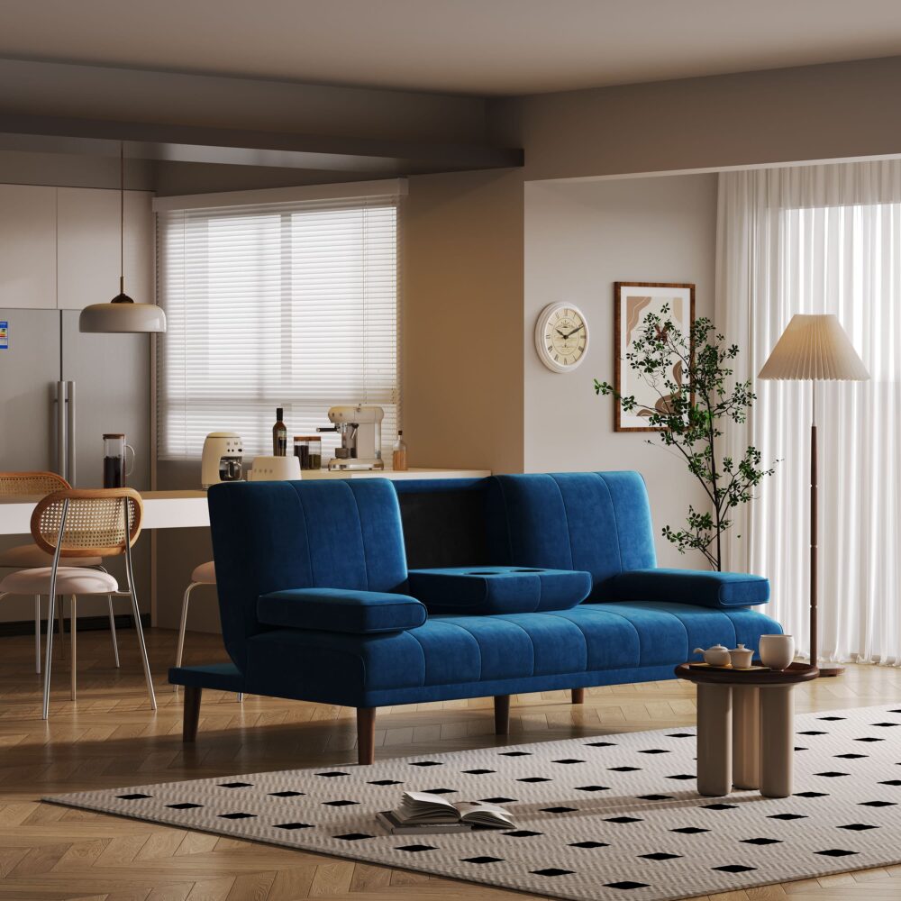 3 Seater Sofa Bed Couch with Cup Holder Velvet Navy