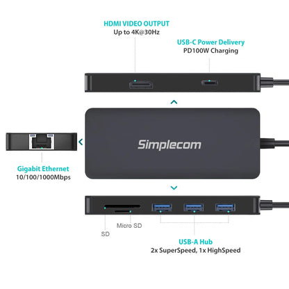 Simplecom Chn580 Usb-C Superspeed 8-In-1 Multiport Hub Adapter