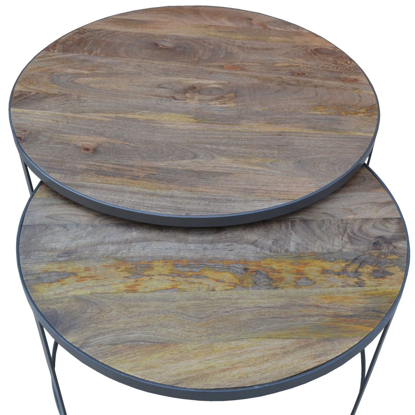 2pc Mango Wood and Metal Round Nesting 80cm Coffee Table Set - Natural