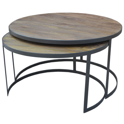 2pc Mango Wood and Metal Round Nesting 80cm Coffee Table Set - Natural