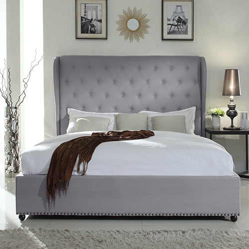  Queen Size Grey Fabric Upholstered Bed Frame, French Provincial Style