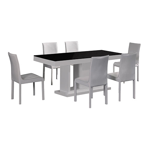 7 Pieces Dining Suite Dining Table & 6X  White Chairs in Rectangular Shape High Glossy MDF Wooden Base Combination of Blac...