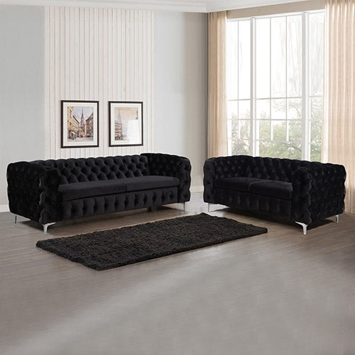  Black Velvet Button Tufted 3+2 Seater Sofa With Metal Legs