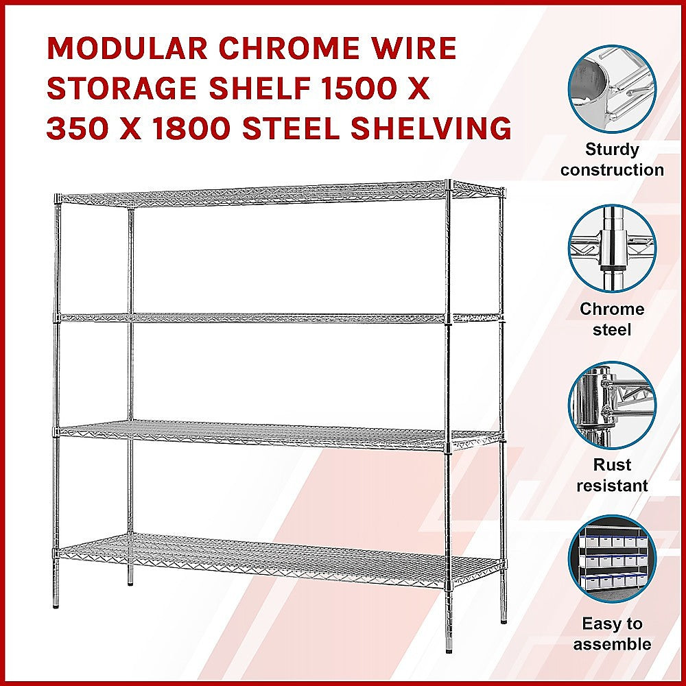 Modular Chrome Wire Storage Shelf 1500 x 350 x 1800 Steel Shelving - Melbourne Home & Living