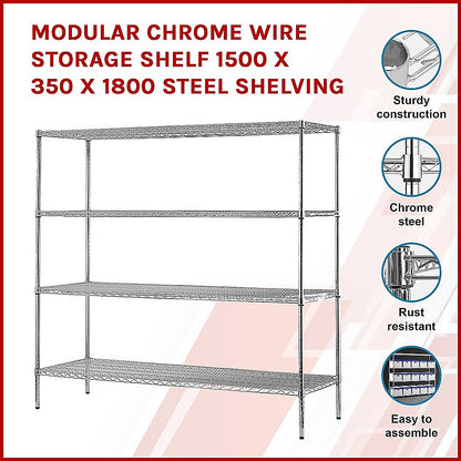 Modular Chrome Wire Storage Shelf 1500 x 350 x 1800 Steel Shelving - Melbourne Home & Living