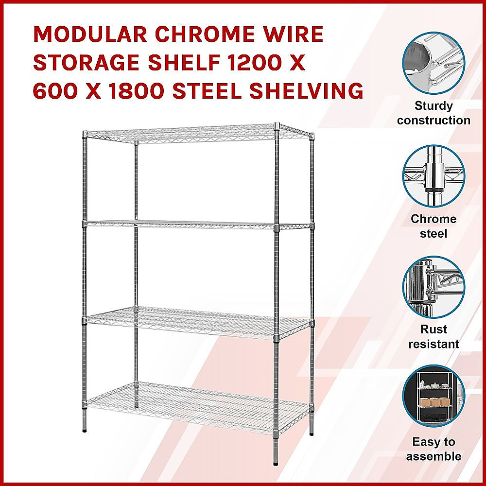 Modular Chrome Wire Storage Shelf 1200 x 600 x 1800 Steel Shelving - Melbourne Home & Living