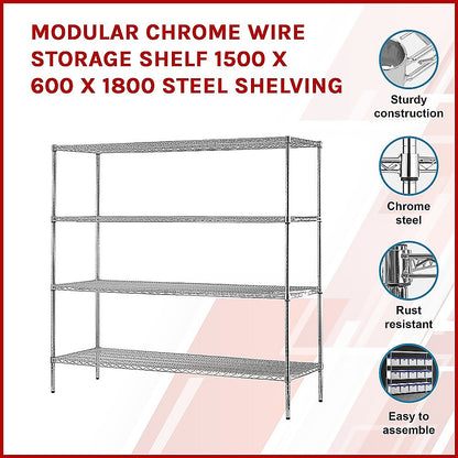 Modular Chrome Wire Storage Shelf 1500 x 600 x 1800 Steel Shelving - Melbourne Home & Living