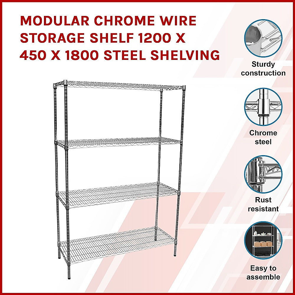 Modular Chrome Wire Storage Shelf 1200 x 450 x 1800 Steel Shelving - Melbourne Home & Living