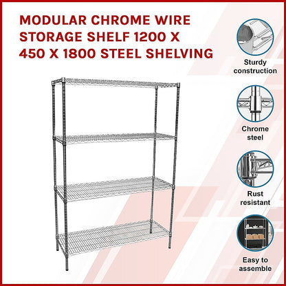 Modular Chrome Wire Storage Shelf 1200 x 450 x 1800 Steel Shelving - Melbourne Home & Living