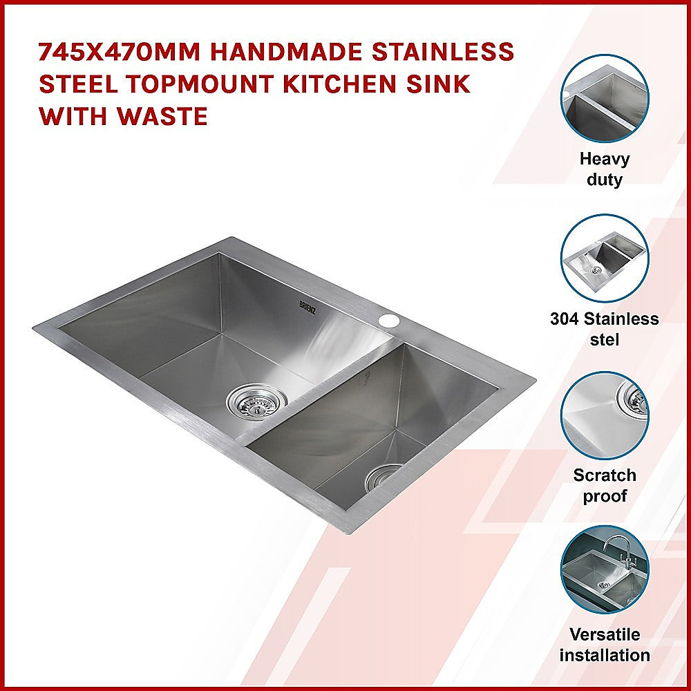 745x505mm Handmade Stainless Steel Topmount Kitchen Sink with Waste