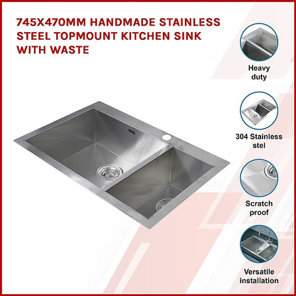 745x505mm Handmade Stainless Steel Topmount Kitchen Sink with Waste