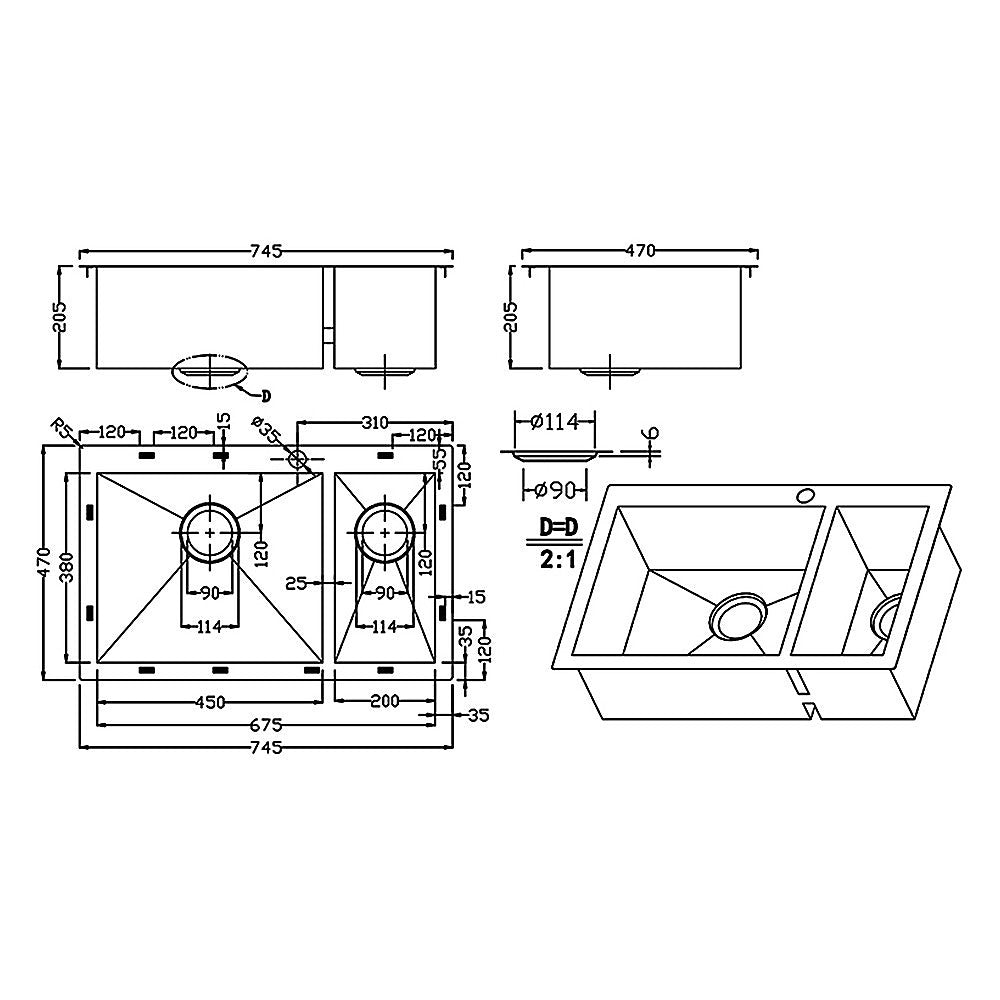 745x505mm Handmade Stainless Steel Topmount Kitchen Sink with Waste