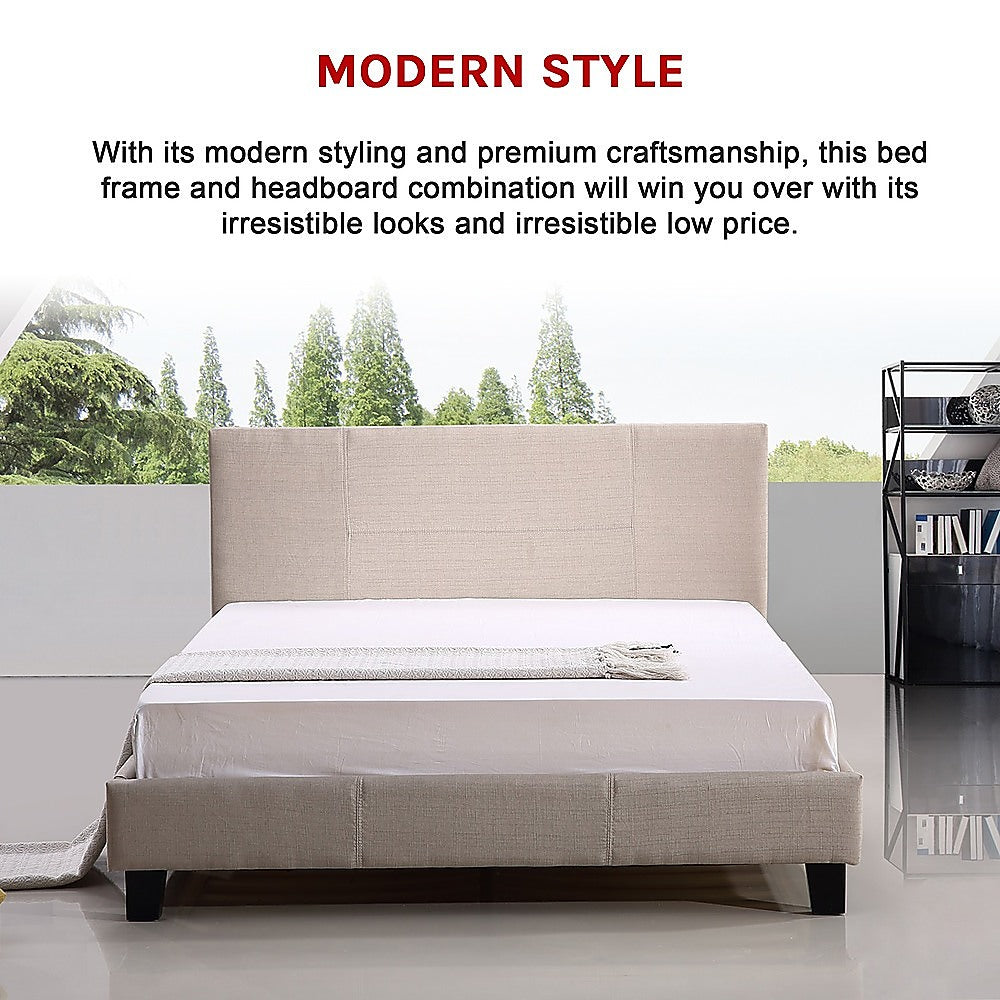 Double Linen Fabric Bed Frame Beige - Melbourne Home & Living