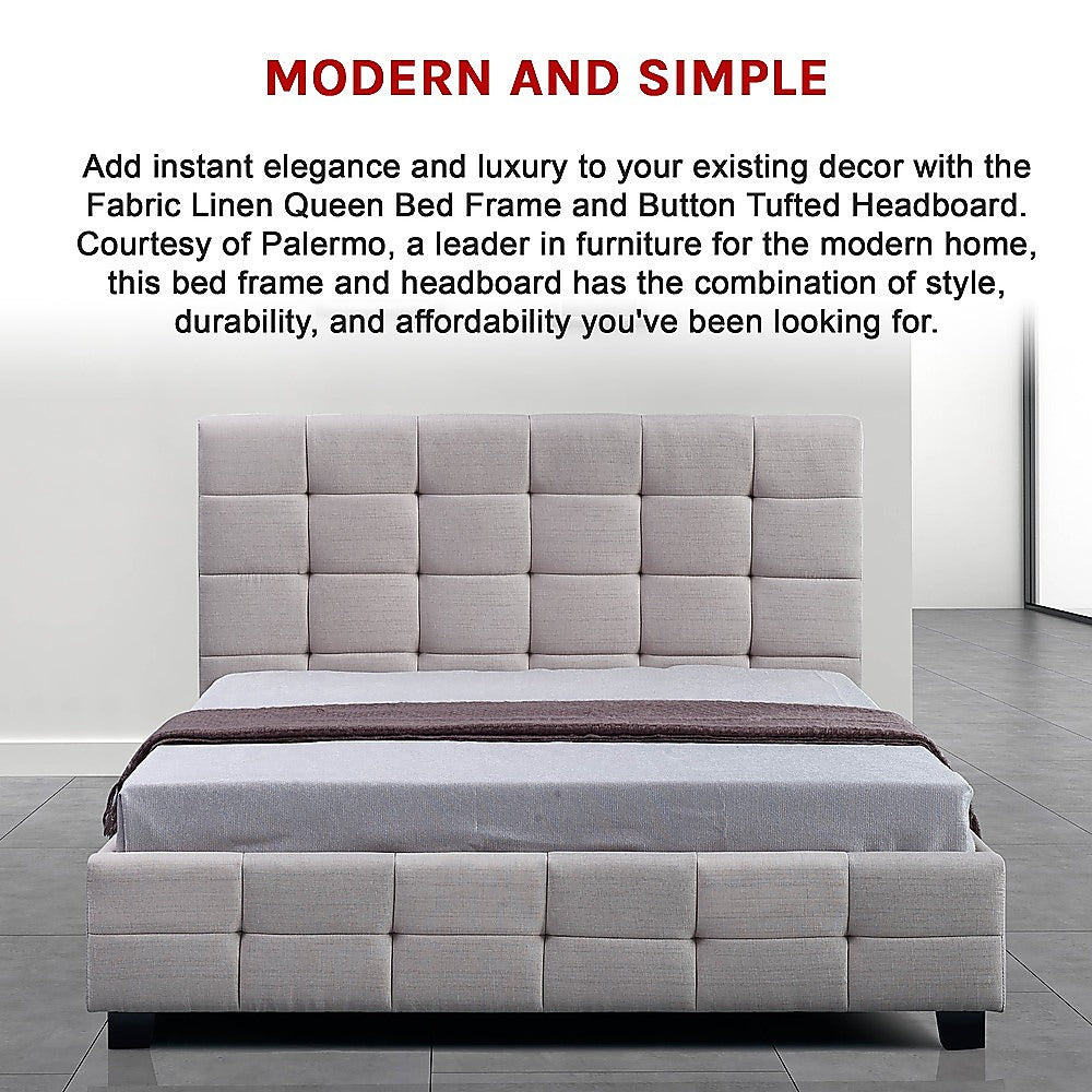 Linen Fabric Queen Deluxe Bed Frame Beige - Melbourne Home & Living